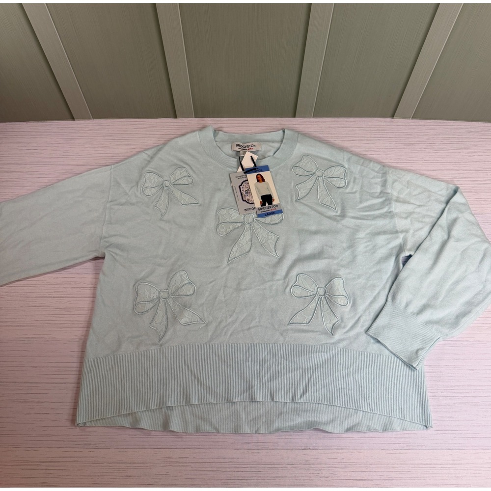 Bridgerton Women's Large Netflix Lace Bow Applique Sweater Light Blue Coquette